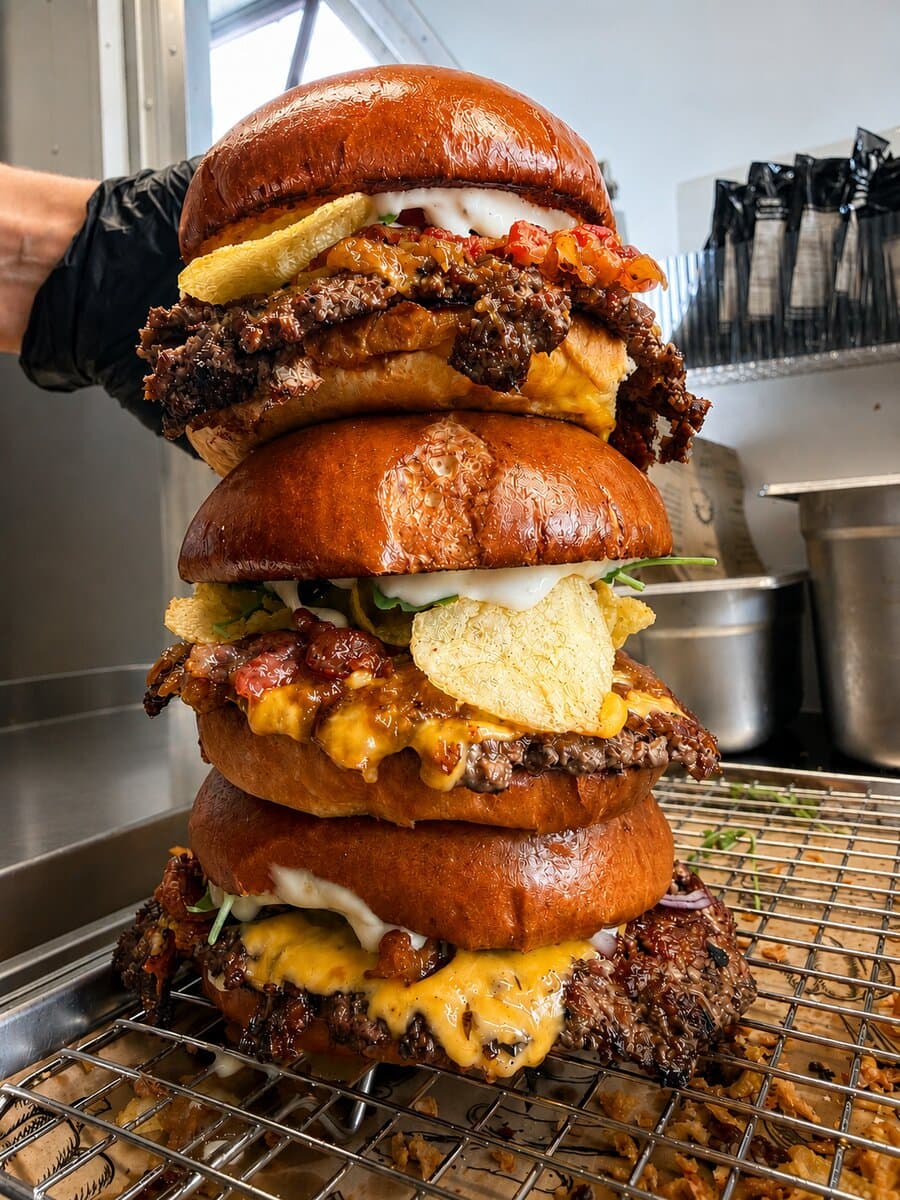 Getürmte Premium Smashed Burger von Marty's Foodtruck